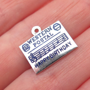 925 Sterling Silver Vintage Enamel Western Postal Happy Birthday Mini Pendant