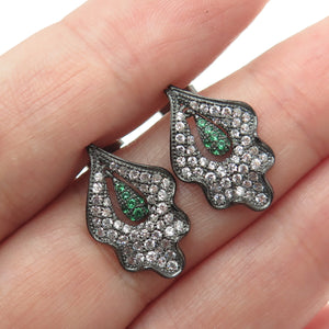 925 Sterling Silver Round-Cut Green & White C Z Leaf Black Rhodium Earrings