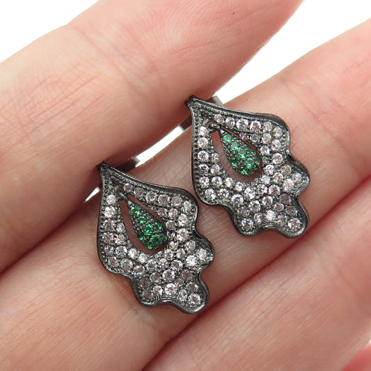 925 Sterling Silver Round-Cut Green & White C Z Leaf Black Rhodium Earrings