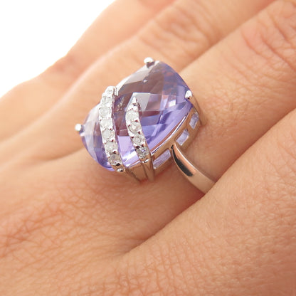 925 Sterling Silver Real Round-Cut Diamond & Amethyst Ring Size 7