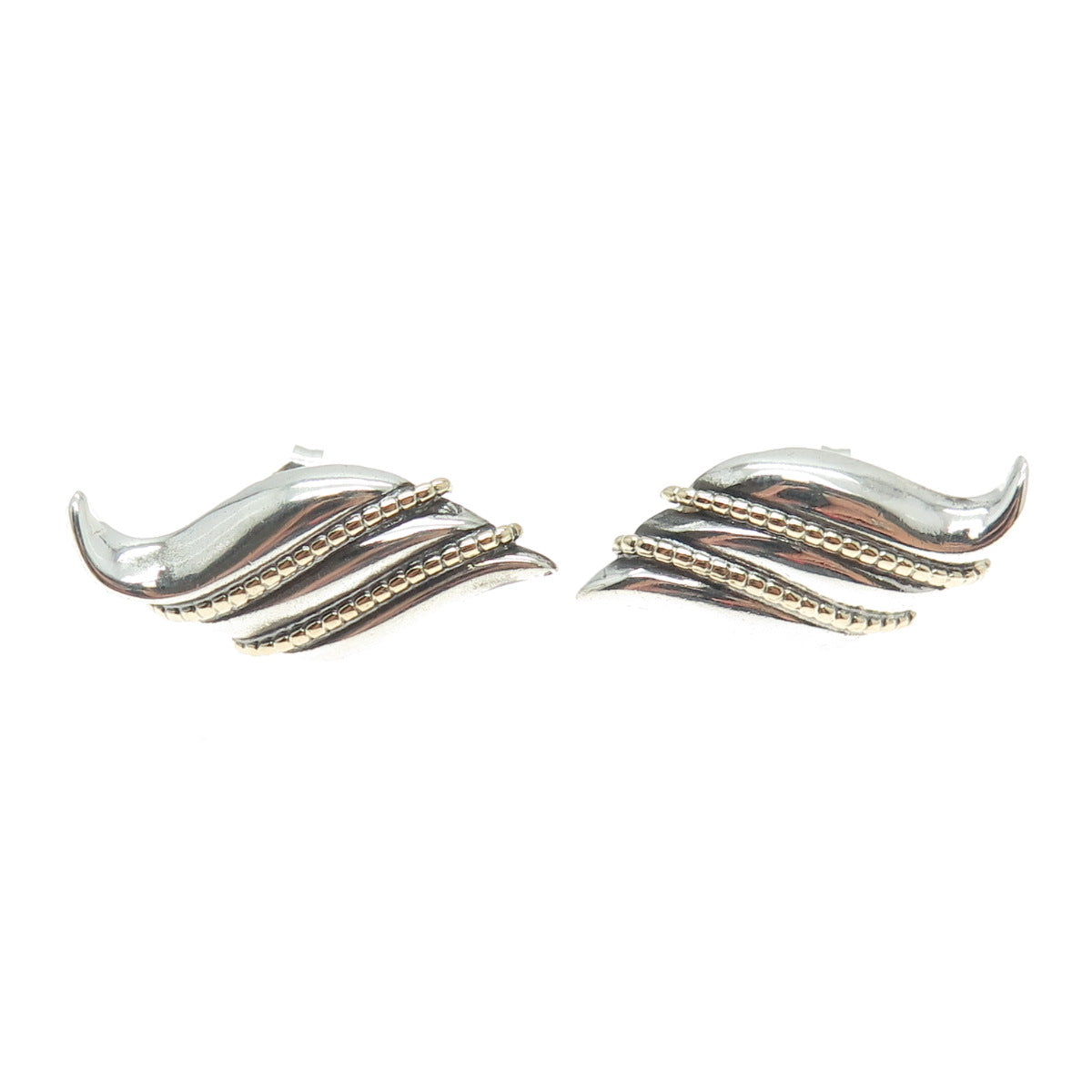 14K Yellow Gold & 925 Sterling Silver Vintage Modernist Wavy Earrings