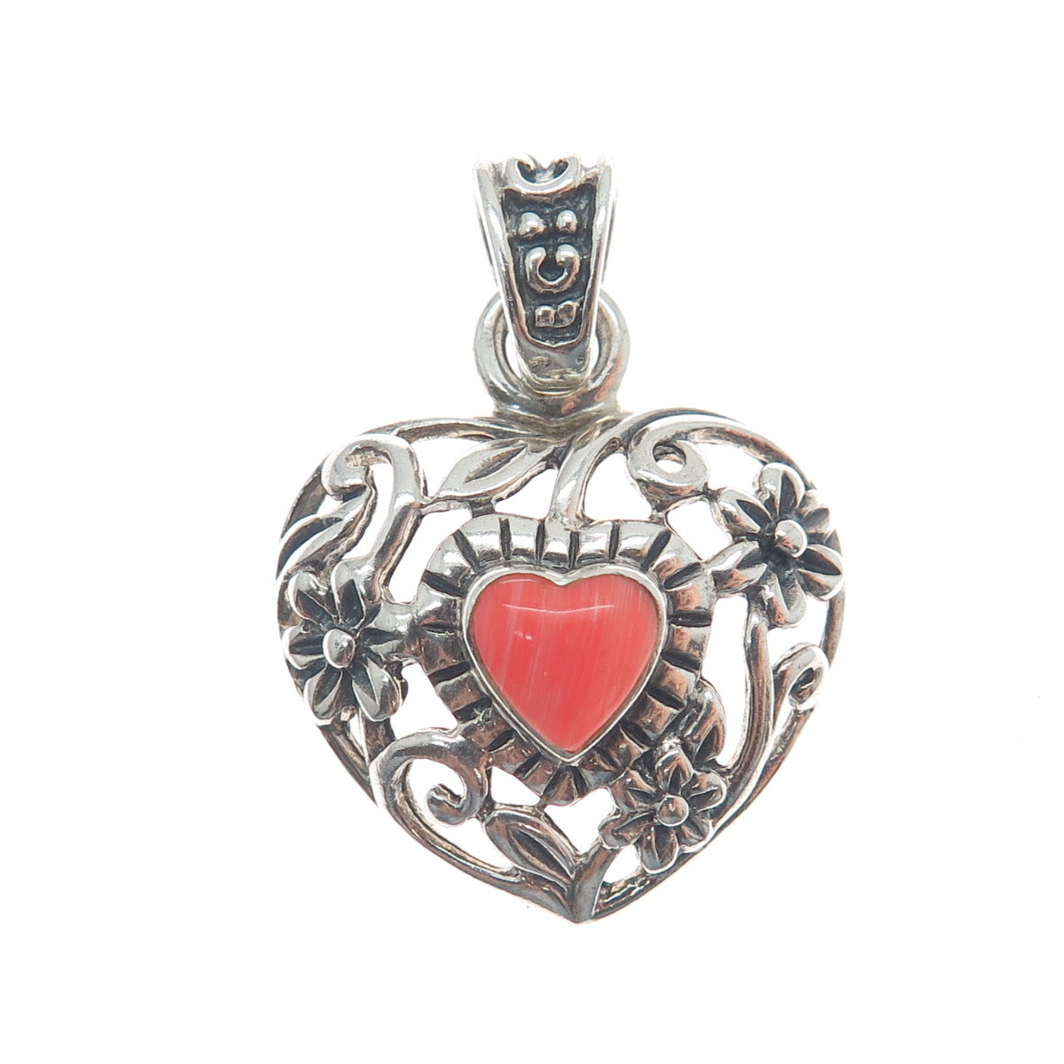 925 Sterling Silver Vintage Real Rhodonite Gemstone Flower Heart Pendant