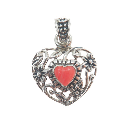 925 Sterling Silver Vintage Real Rhodonite Gemstone Flower Heart Pendant