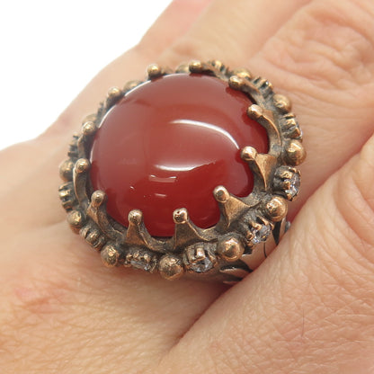 925 Sterling Silver 2-Tone Vintage Carnelian C Z Crown Tulip Flower Ring Size 8