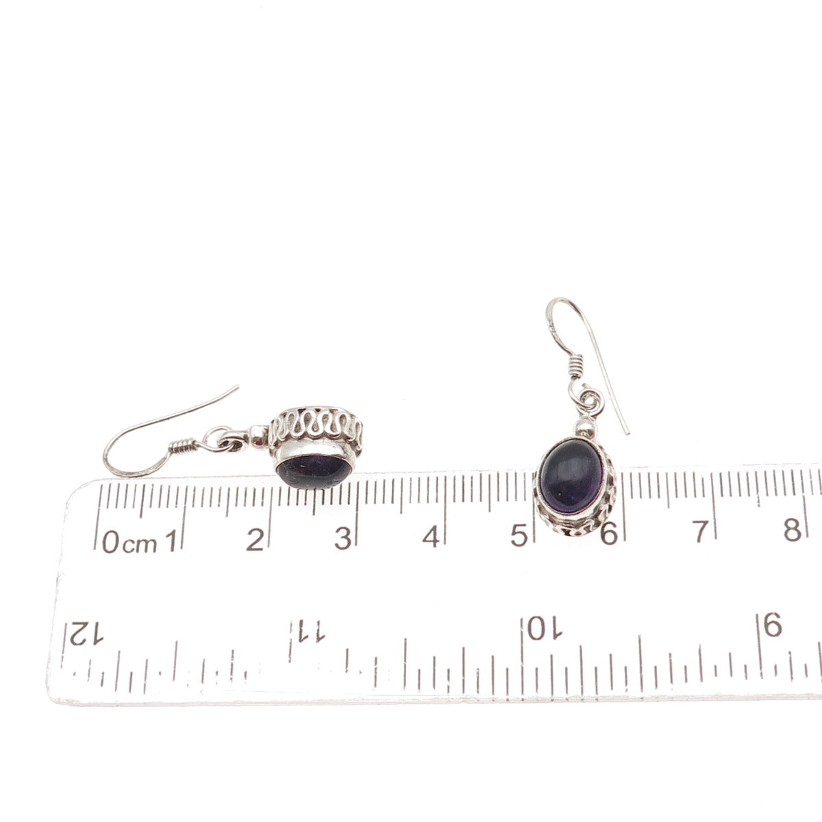925 Sterling Silver Vintage Real Amethyst Wavy Oxidized Dangle Earrings