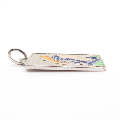 925 Sterling Silver Vintage Enamel Textured Virgin Mary Rectangle Pendant