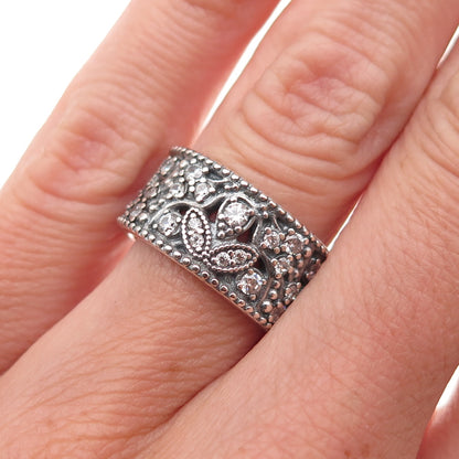 Pandora 925 Sterling Silver Round-Cut C Z Shimmering Leaves Ring Size 5.5