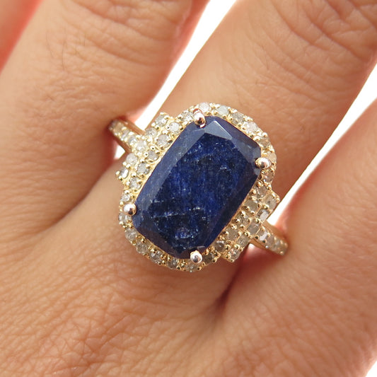 DSMK 925 Sterling Silver Gold Plated Real Diamond & Sapphire Ring Size 7.75