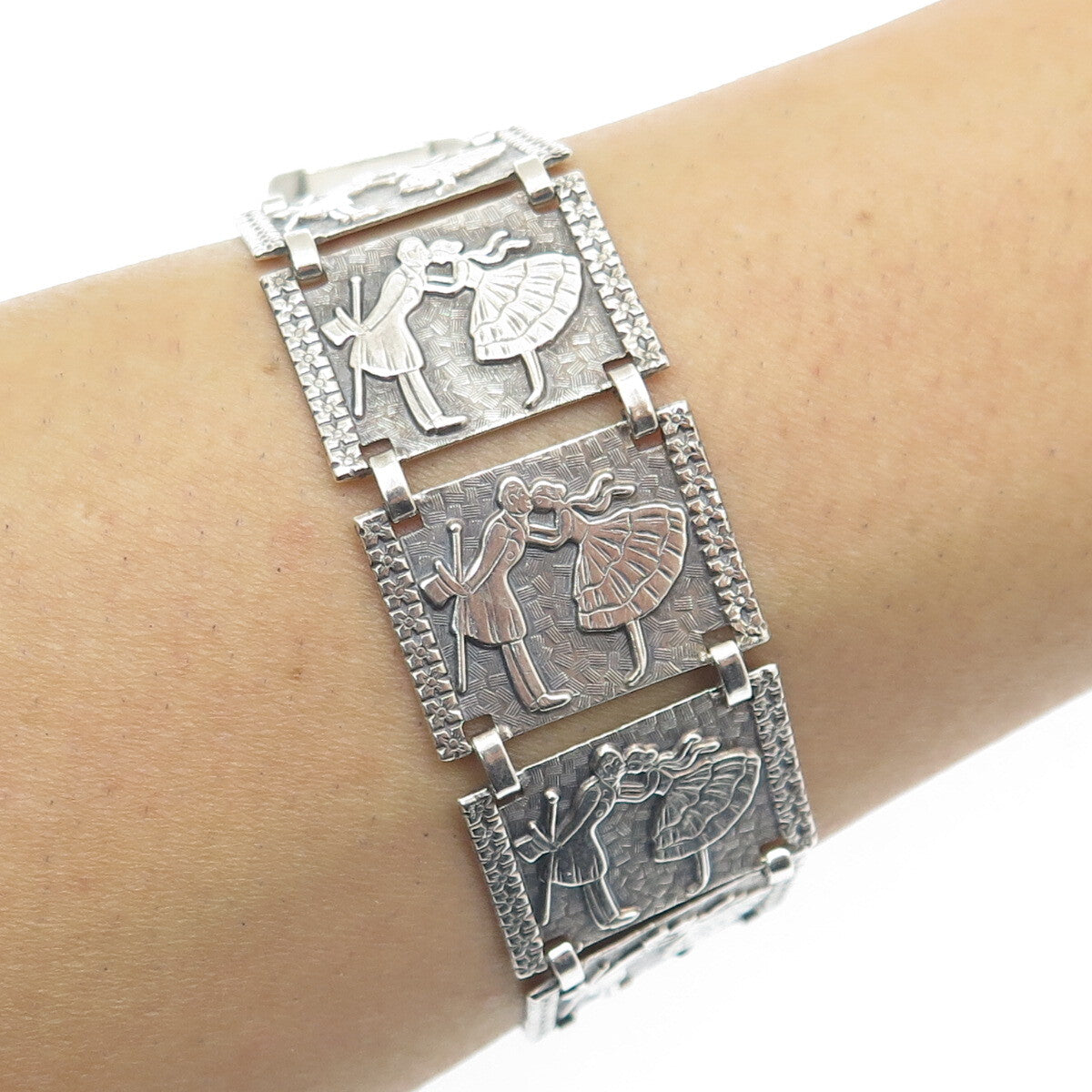 925 Sterling Silver Antique Art Deco Kissing Couple Panel Link Bracelet 7.25"