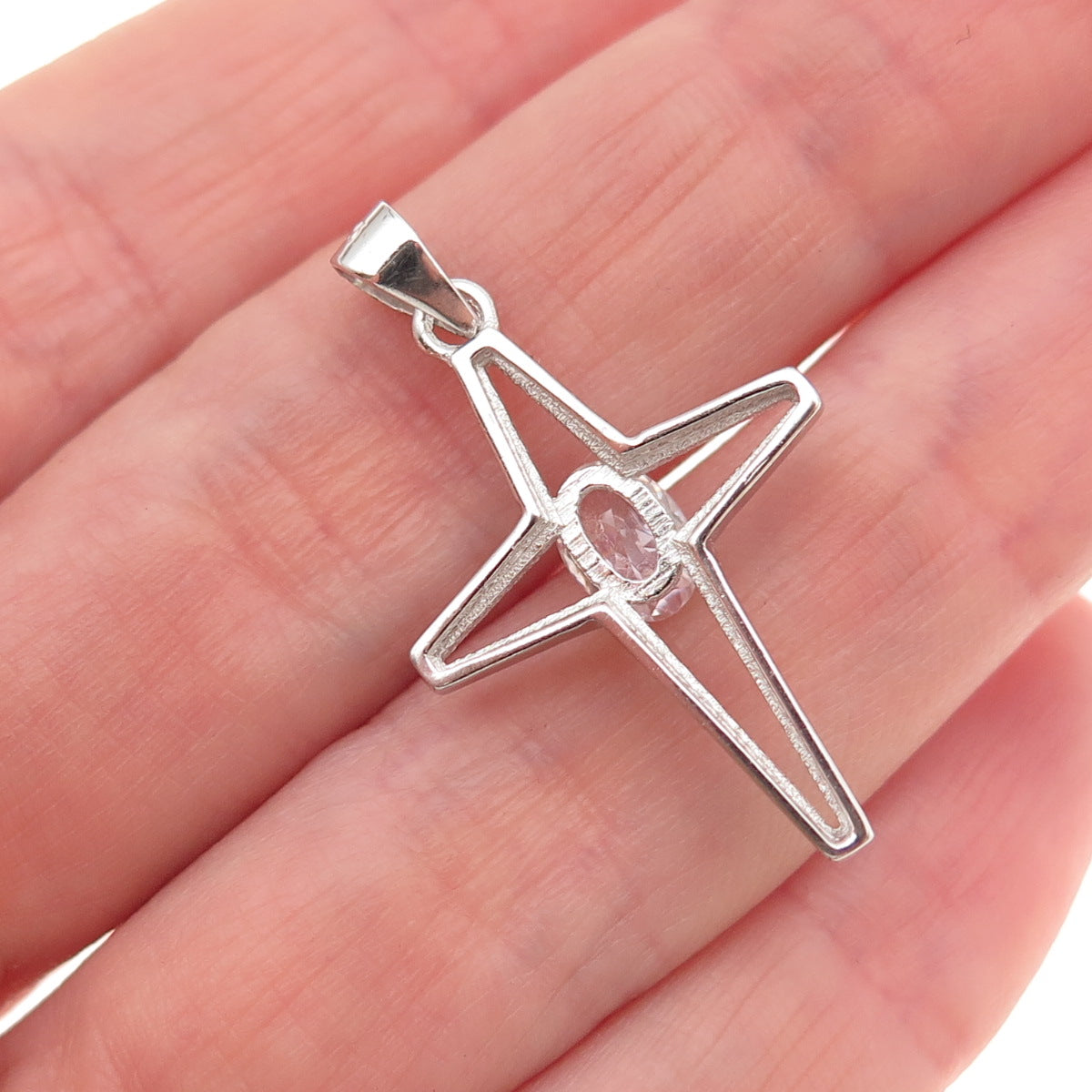 925 Sterling Silver Oval-Cut C Z North Star Cross Charm Pendant