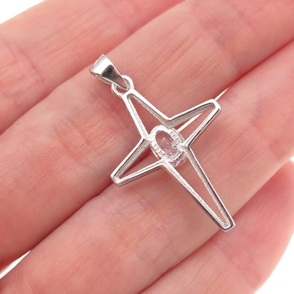 925 Sterling Silver Oval-Cut C Z North Star Cross Charm Pendant
