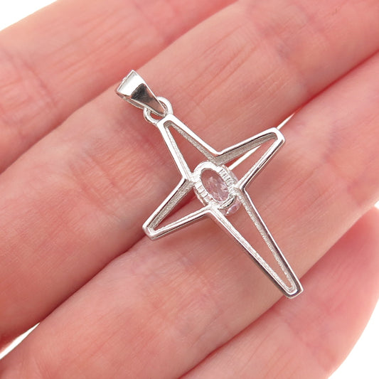 925 Sterling Silver Oval-Cut C Z North Star Cross Charm Pendant