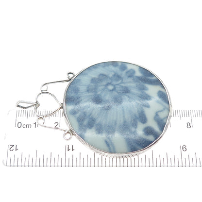 925 Sterling Silver Vintage Modernist Ceramic Flower & Heart Large Pendant