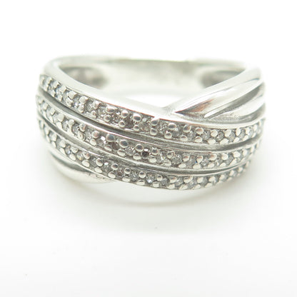 925 Sterling Silver Real Round-Cut Diamond Multi-Row Interlocked Ring Size 7.25