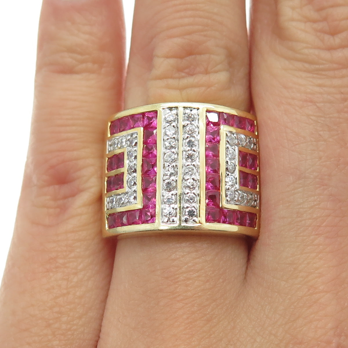 PADI 925 Sterling Silver Gold Plated Lab-Created Pink Sapphire & C Z Ring Size 6