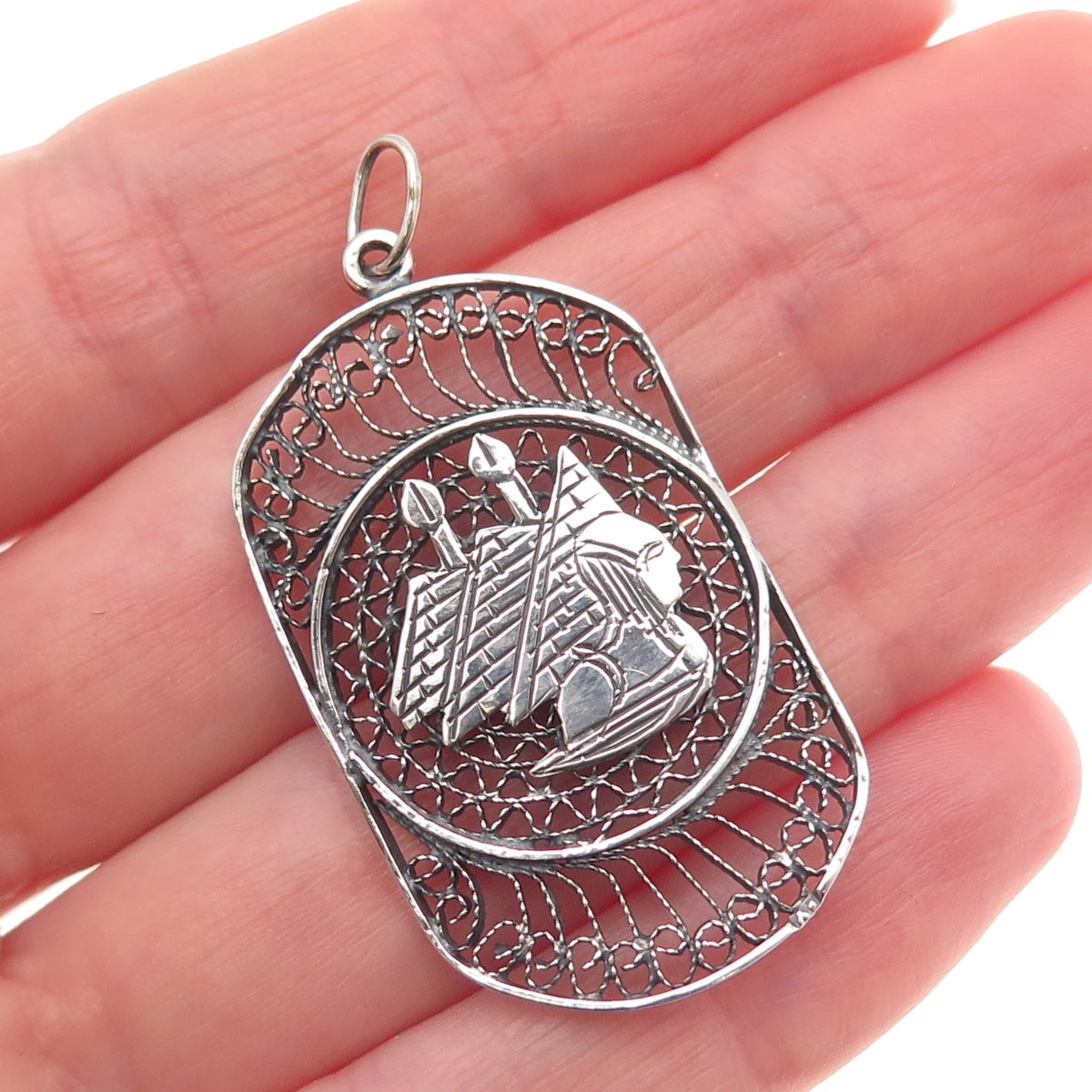 925 Sterling Silver Vintage Egyptian Pyramid Filigree Oxidized Pendant