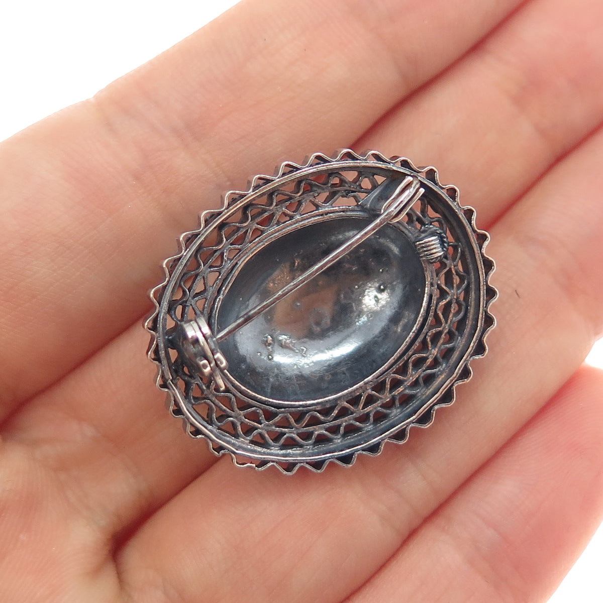 925 Sterling Silver Antique Art Deco Real Turquoise Filigree Oxidized Pin Brooch