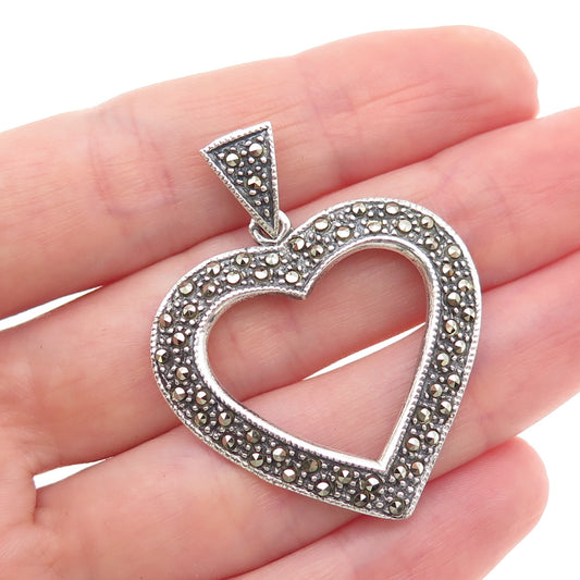 925 Sterling Silver Vintage Real Marcasite Heart Oxidized Charm Pendant