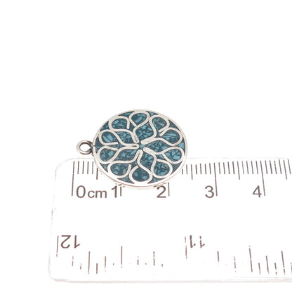 925 Sterling Silver Vintage Real Turquoise Inlay Floral Charm Pendant