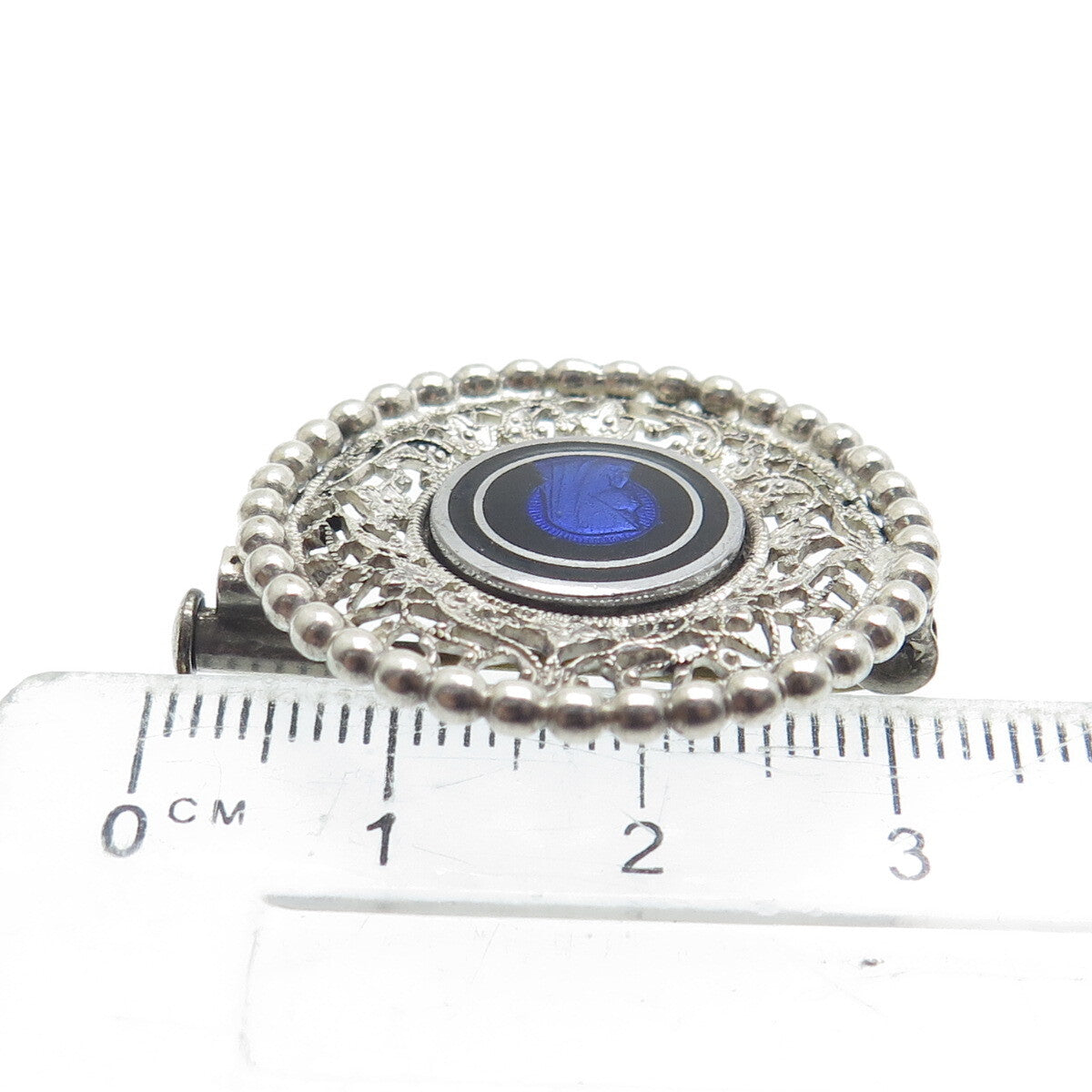 925 Sterling Silver Antique Art Deco Enamel St. Mary Religious Beaded Pin Brooch