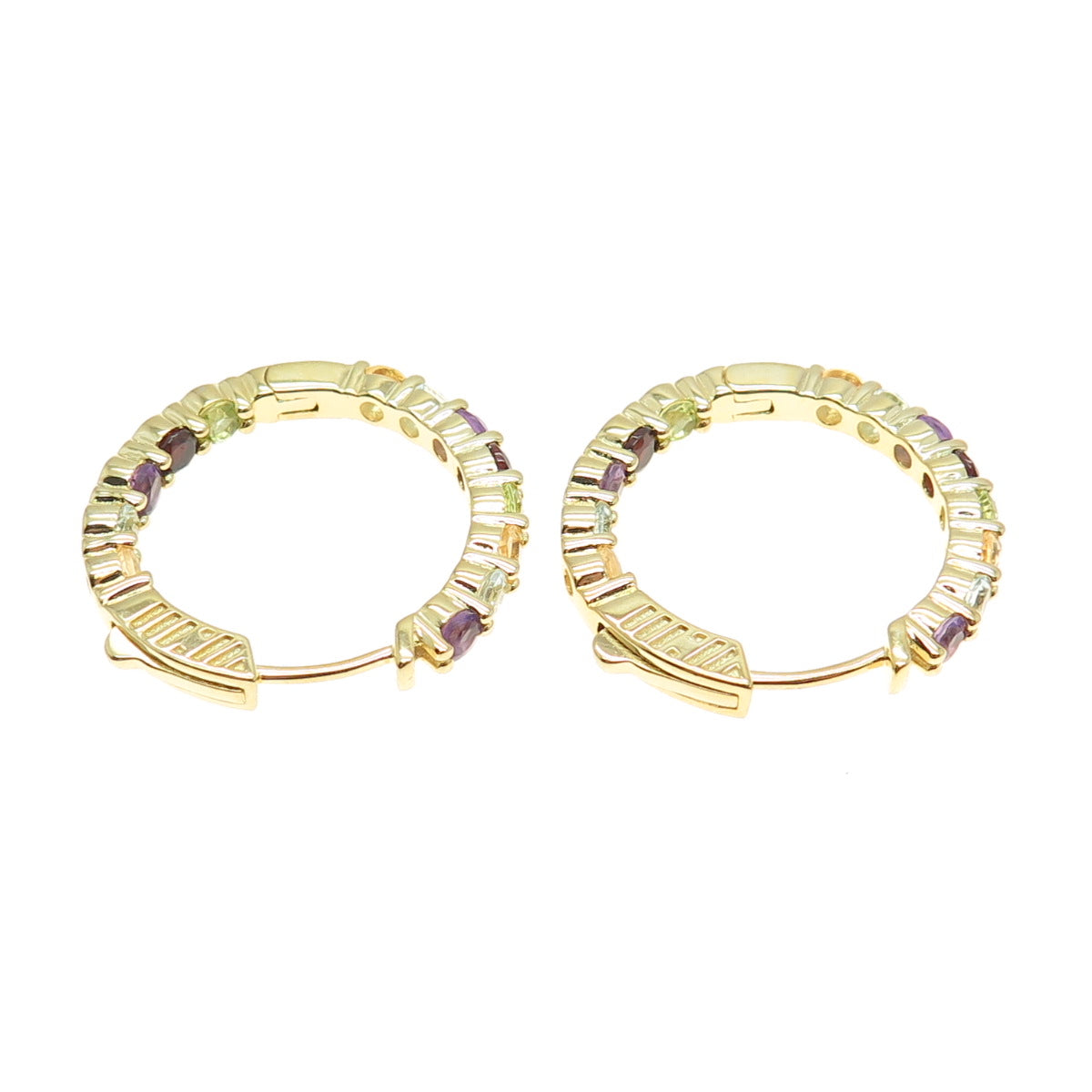 HAN 925 Sterling Silver Gold Plated Real Multi-Color Gem In & Out Hoop Earrings