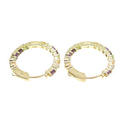 HAN 925 Sterling Silver Gold Plated Real Multi-Color Gem In & Out Hoop Earrings