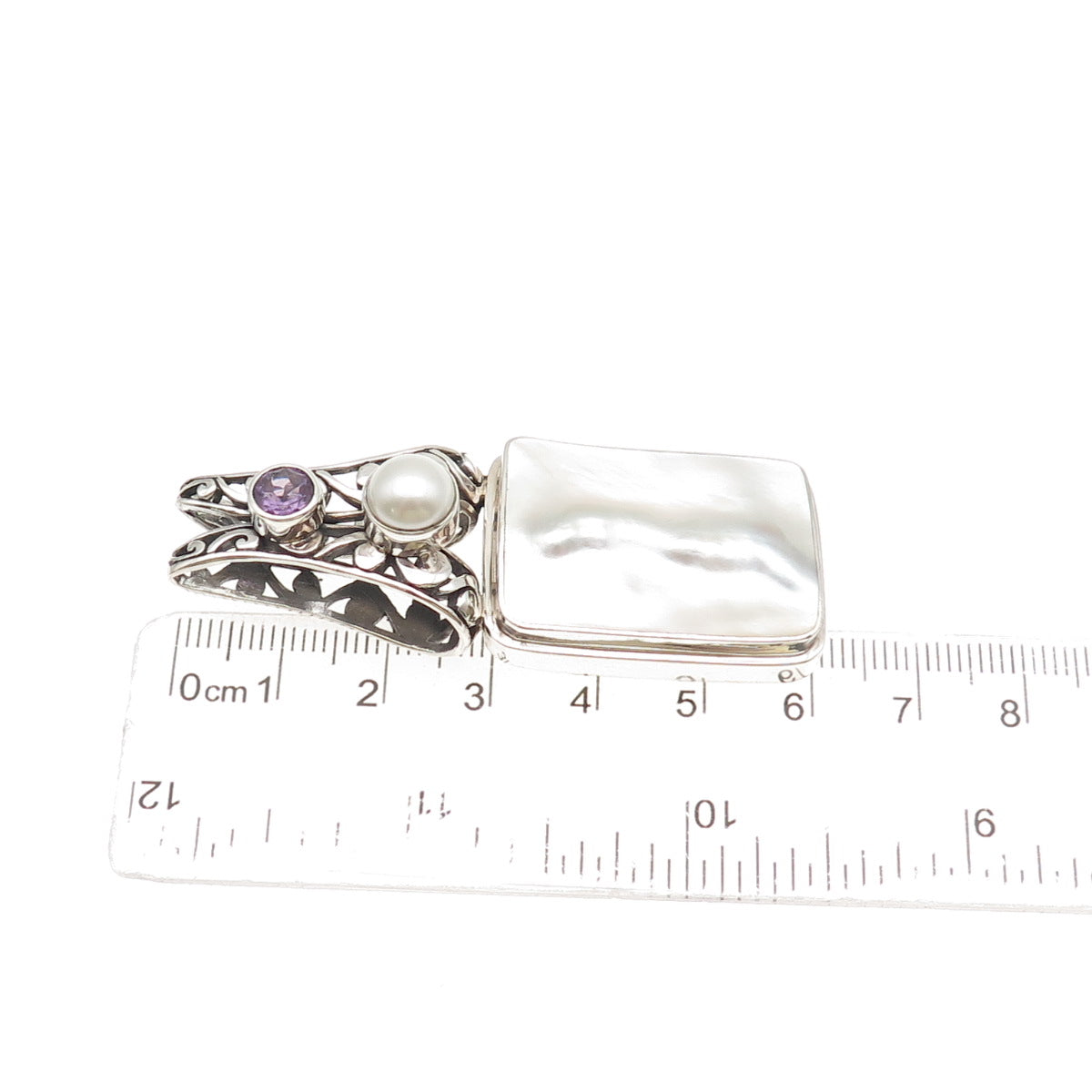 925 Sterling Silver Vintage Real MOP Pearl & Amethyst Floral Slide Pendant