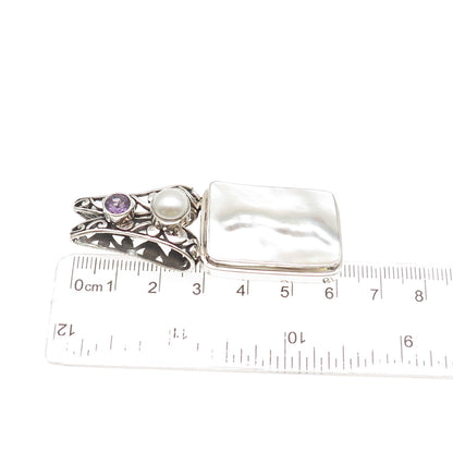 925 Sterling Silver Vintage Real MOP Pearl & Amethyst Floral Slide Pendant