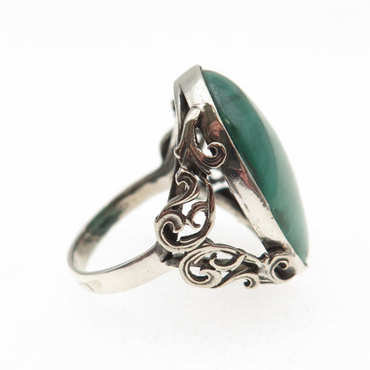 925 Sterling Silver Antique Art Deco Real Malachite Floral Oxidized Ring Size 7