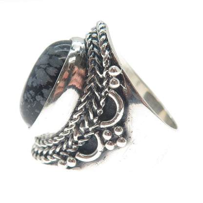 925 Sterling Silver Vintage Snowflake Obsidian Braided Oxidized Ring Size 9.5