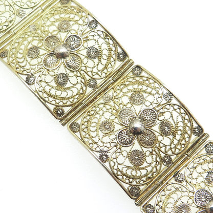 925 Sterling Silver Gold Plated Vintage Italy Filigree Panel Link Bracelet 7.25"
