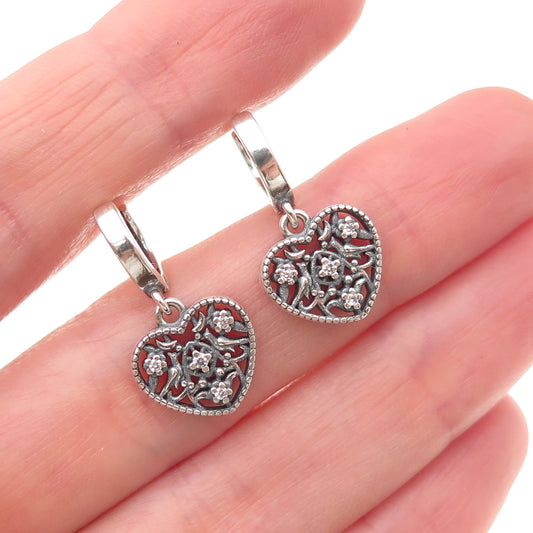 925 Sterling Silver Vintage Round-Cut C Z Heart Dangle Charm Hoop Earrings
