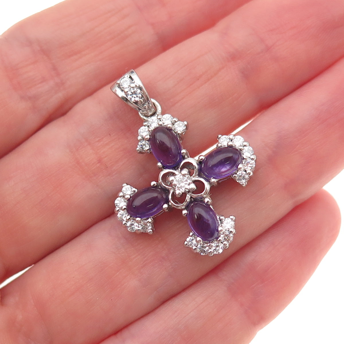 925 Sterling Silver Vintage Real Amethyst & C Z Cross Charm Pendant