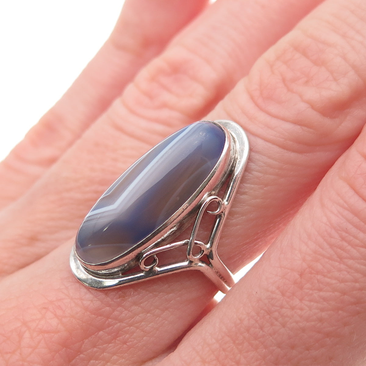 925 Sterling Silver Vintage Real Lace Agate Oxidized Ring Size 6.25