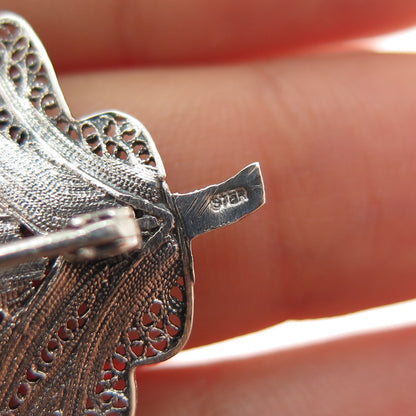 925 Sterling Silver Vintage Floral Leaf Filigree Oxidized Pin Brooch