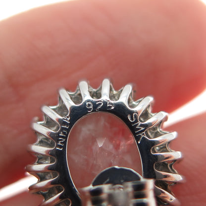 925 Sterling Silver Real Round-Cut Diamond & Oval-Cut Rose Quartz Earrings