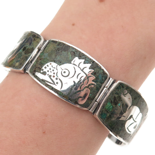 925 Sterling Silver Vintage Mexico Real Azurite Aztec Animals Bracelet 6.75"