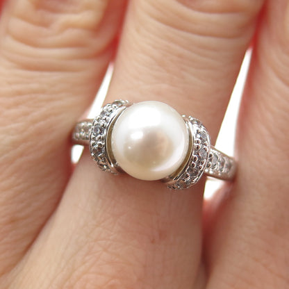 ROSS SIMONS 925 Sterling Silver Faux Pearl & C Z Ring Size 9.25