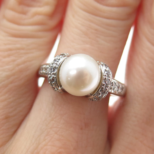 ROSS SIMONS 925 Sterling Silver Faux Pearl & C Z Ring Size 9.25
