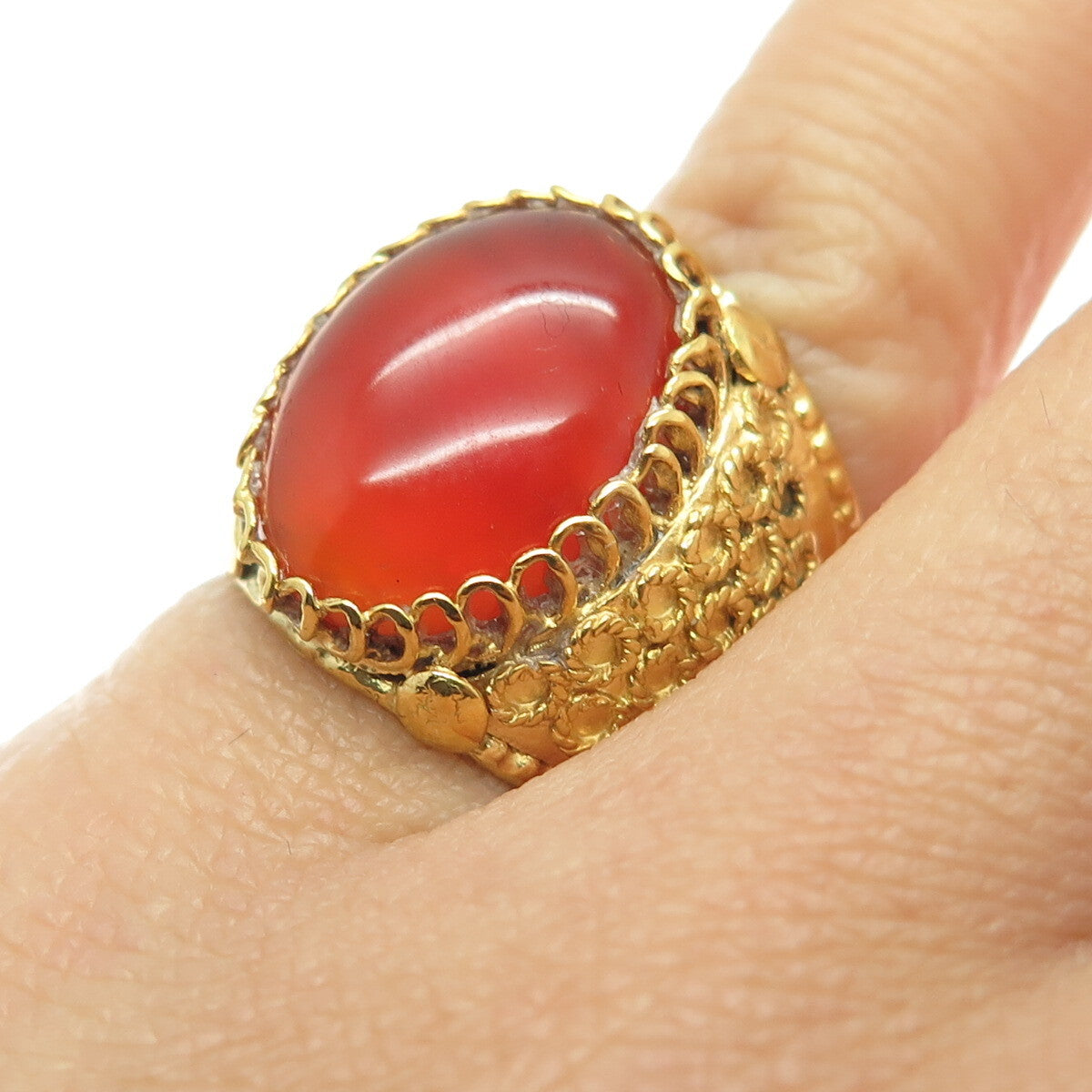 925 Sterling Silver Gold Plated Vintage Real Agate Circle Pattern Ring Size 5.25
