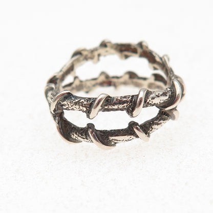 925 Sterling Silver Vintage Modernist Crisscross Oxidized Ring Size 7