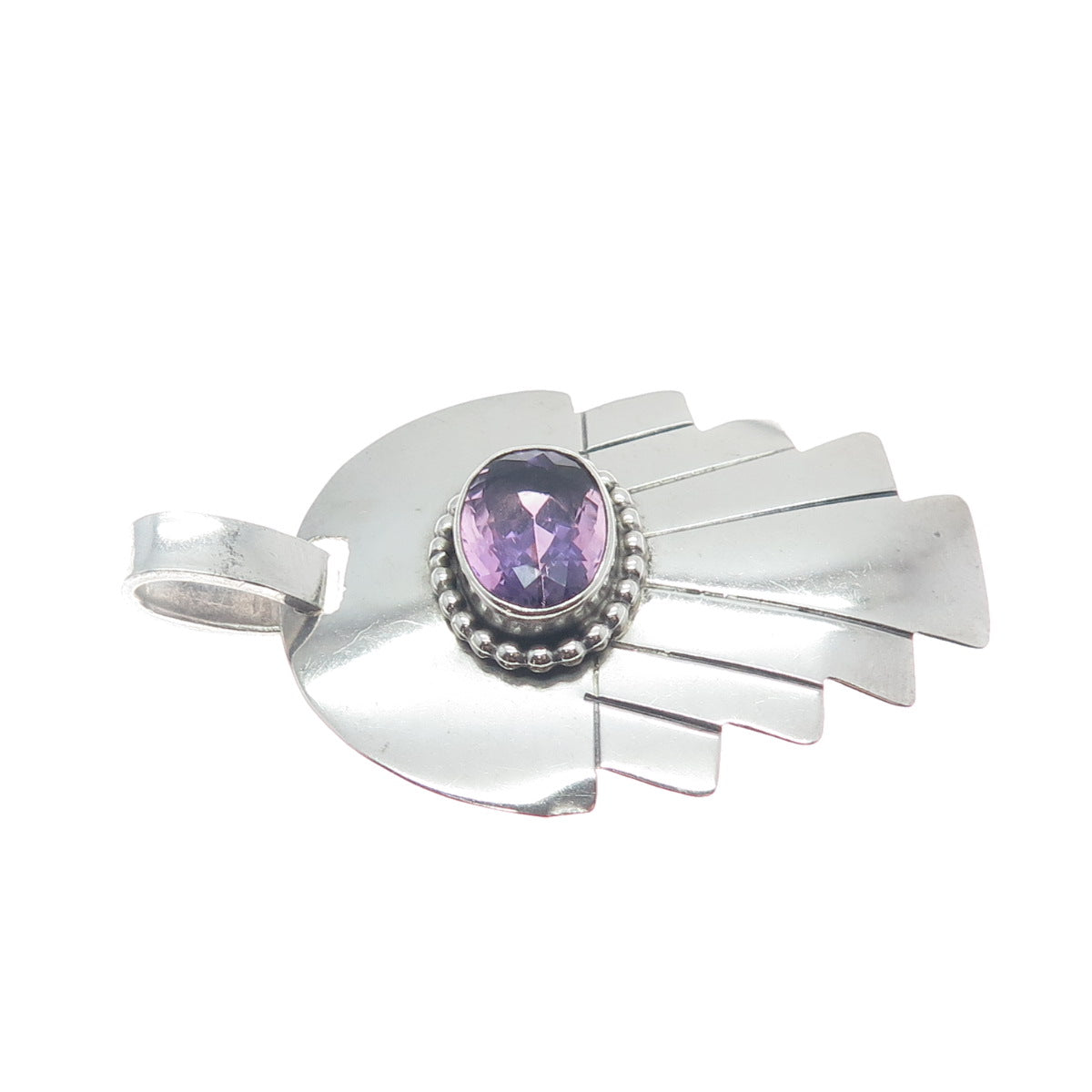 CAROL FELLEY 925 Sterling Silver Vintage 1992 Real Amethyst Modernist Pendant