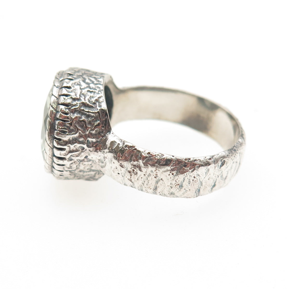 925 Sterling Silver Vintage Real Green Amethyst Modernist Oxidized Ring Size 9