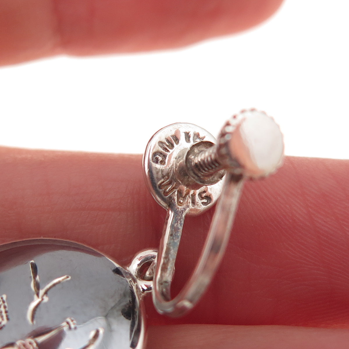 925 Sterling Silver Antique Siam Niello Old Town Screw Back Dangle Earrings