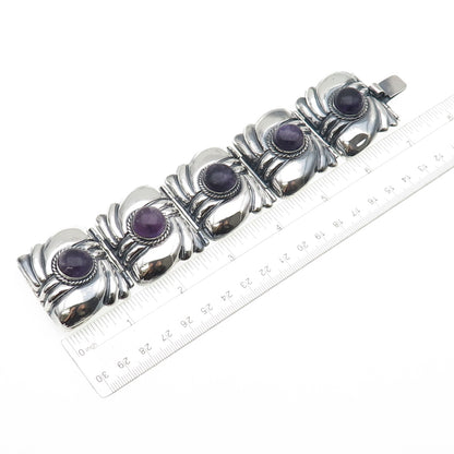 925 Sterling Silver Vintage Real Amethyst Modernist Heavy 106.3g Bracelet 7.5"