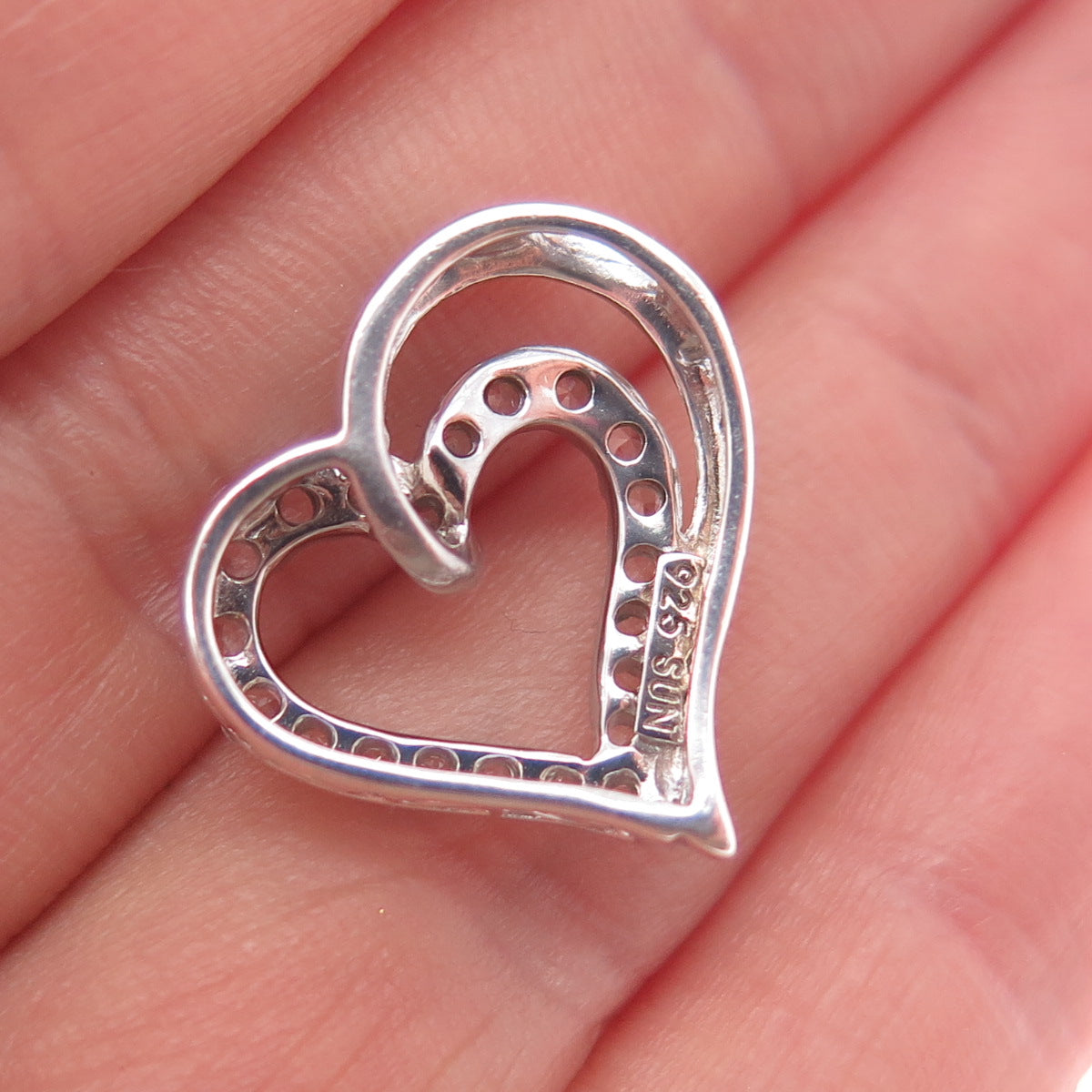 SUN 925 Sterling Silver Real Round-Cut White Topaz Heart Slide Charm Pendant