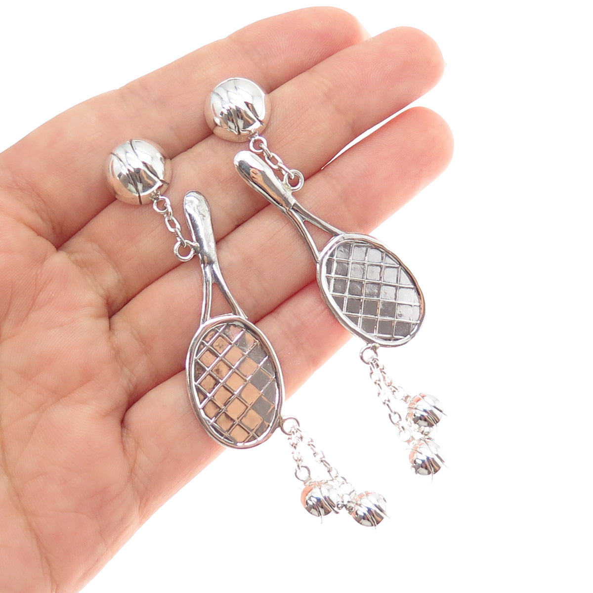 925 Sterling Silver Vintage Tennis Rackets Dangle Earrings