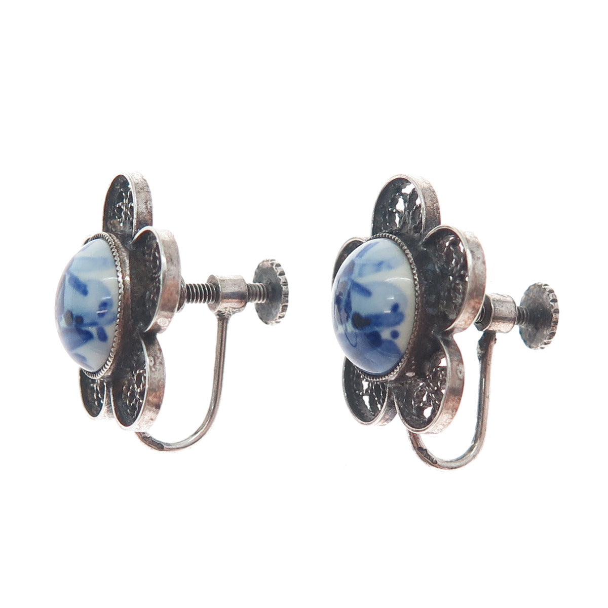 DELFT 835 Silver Vintage Netherlands Ceramic Old Windmill Screw Back Earrings