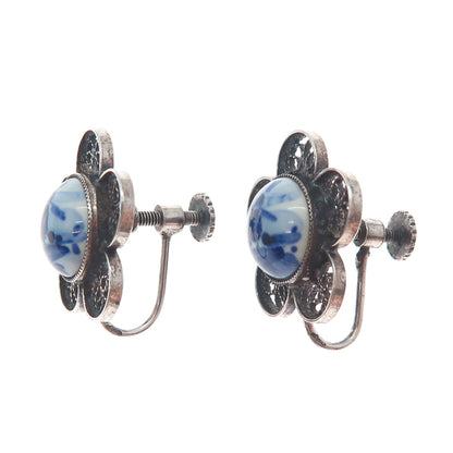 DELFT 835 Silver Vintage Netherlands Ceramic Old Windmill Screw Back Earrings