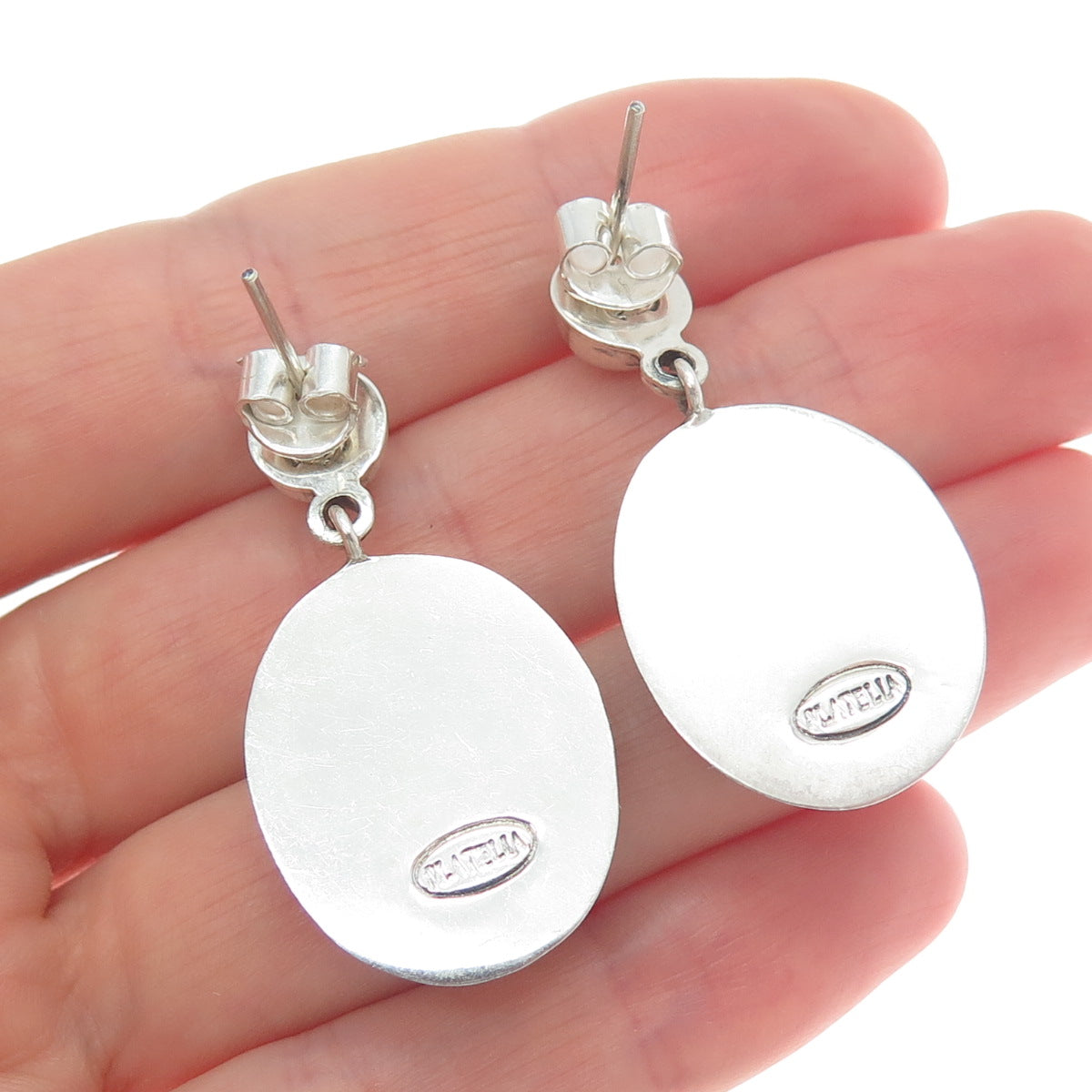PLATELLA 950 Silver Vintage Floral Oval Dangle Earrings